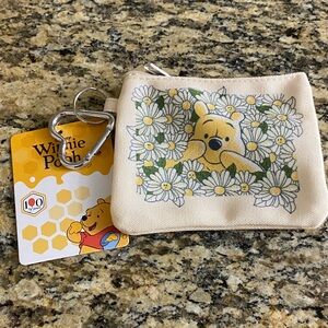 Winnie the Pooh & flowers canvas Pouch w heart key ring bag charm. NWT About 5x4